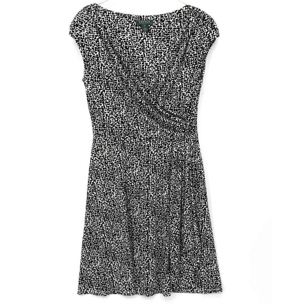 Ralph Lauren LRL Faux Wrap Dress Size 12 Black White Print Fit & Flare Career